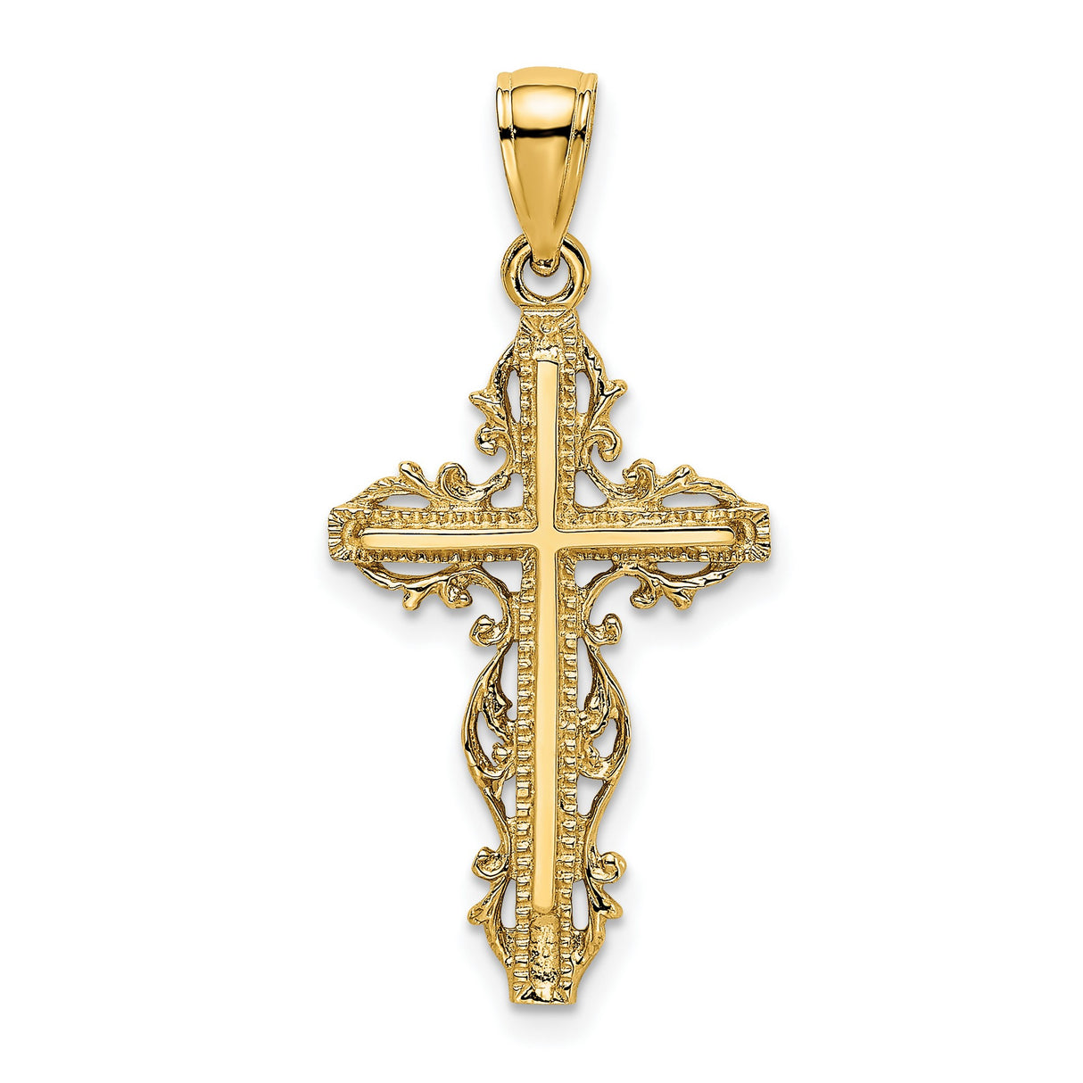 14k Yellow Gold Cross Pendant with Filigree Floral Trim, Vintage Religious Design for Men and Women