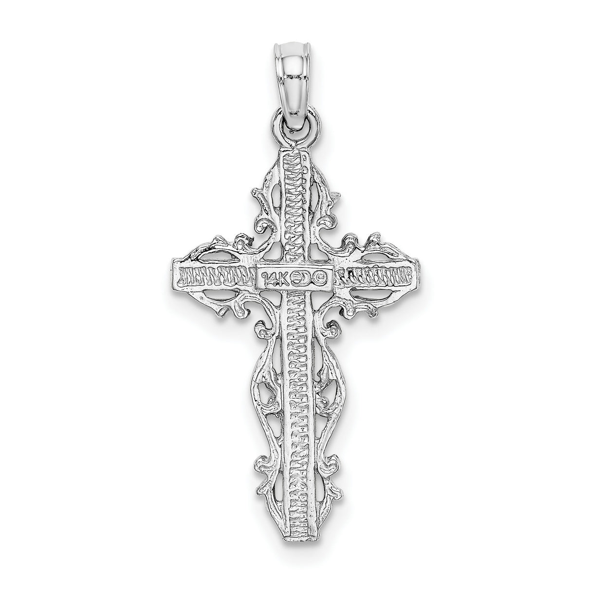 14k White Gold Cross Pendant with Baroque Filigree, Lace Detail, Milgrain Edges