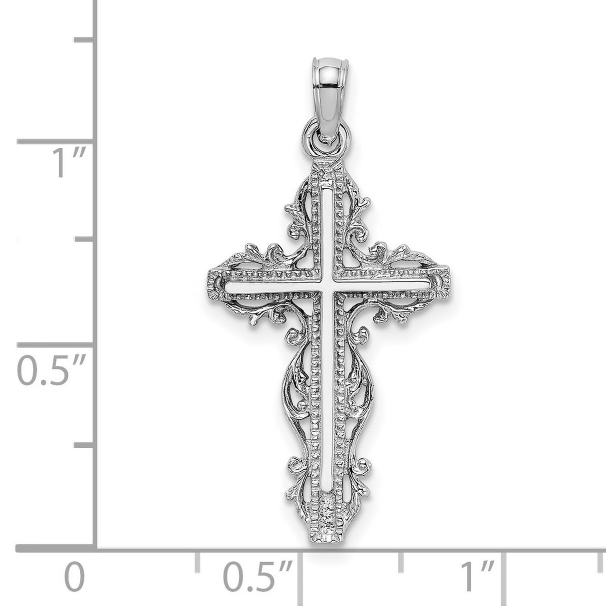 14k White Gold Cross Pendant with Baroque Filigree, Lace Detail, Milgrain Edges