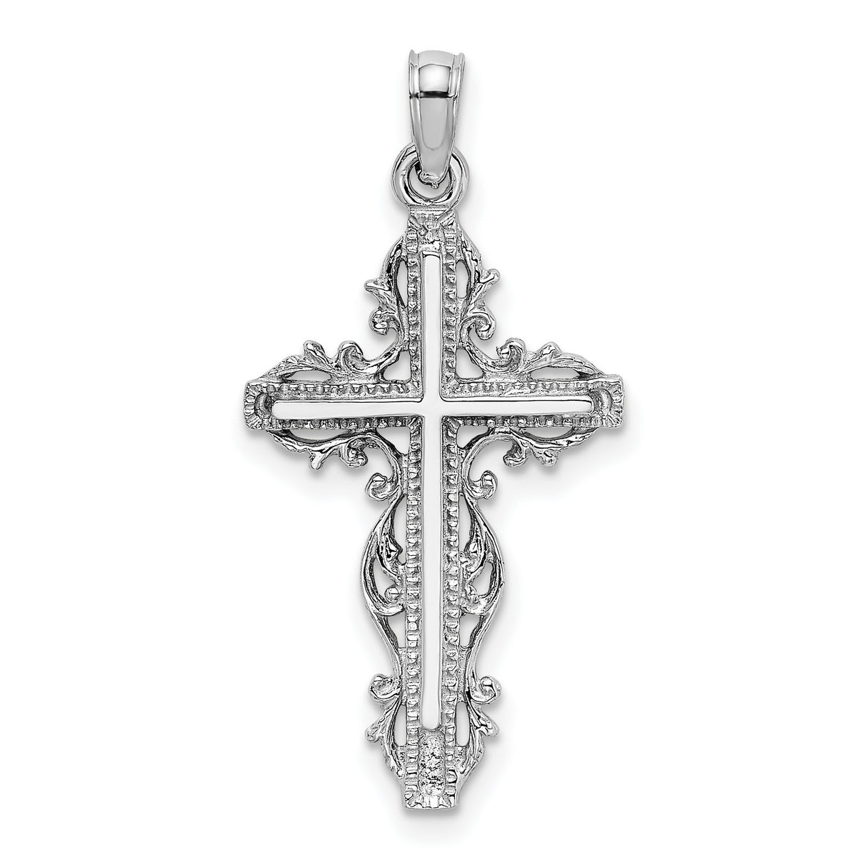 14k White Gold Cross Pendant with Baroque Filigree, Lace Detail, Milgrain Edges