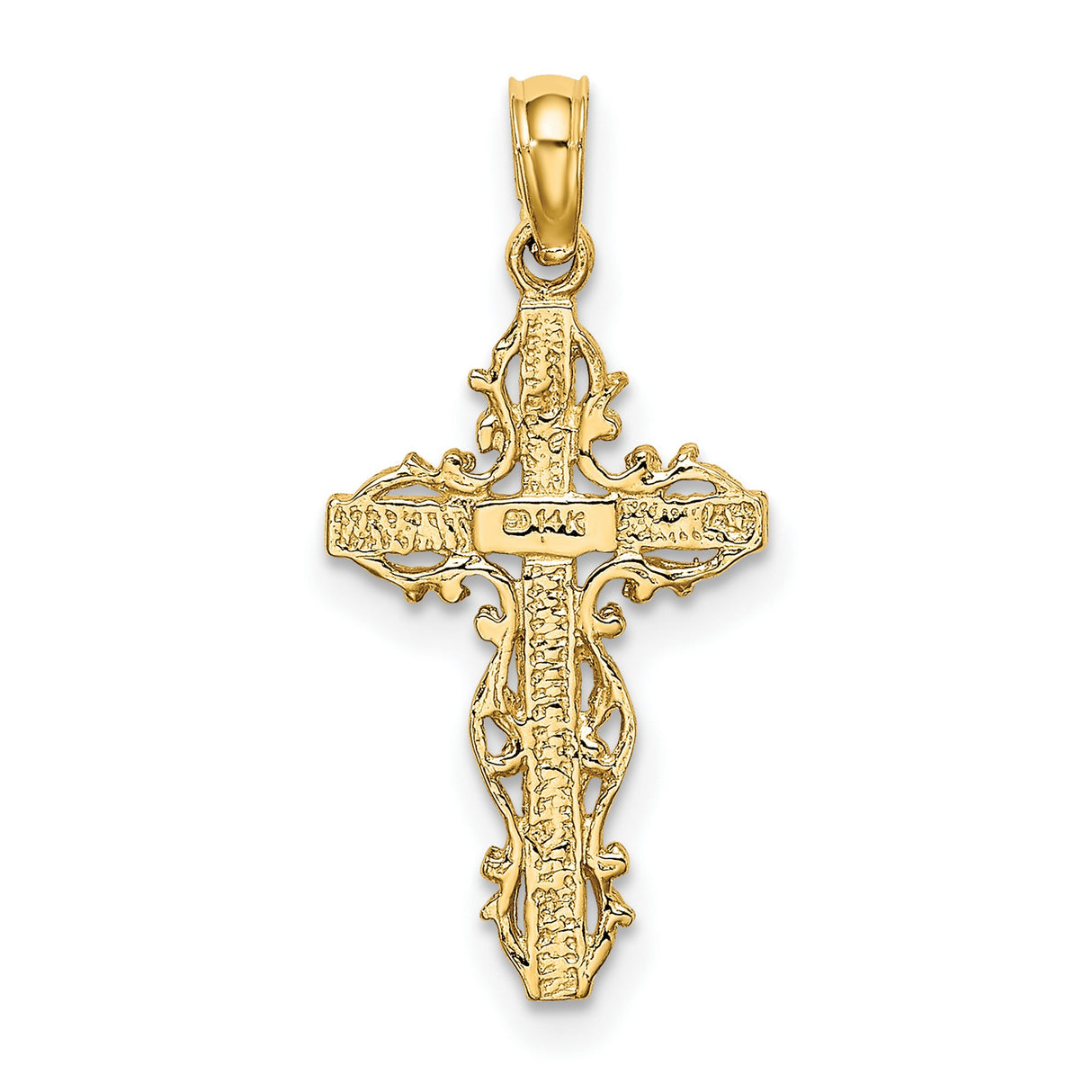 14k Yellow Gold Cross Pendant with Filigree Scrollwork and Textured Openwork Design