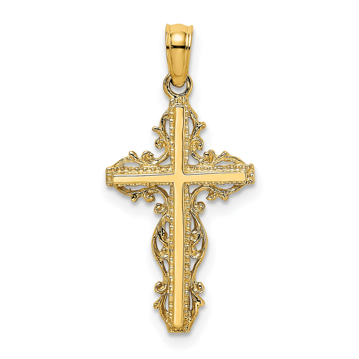 14k Yellow Gold Cross Pendant with Filigree Scrollwork and Textured Openwork Design