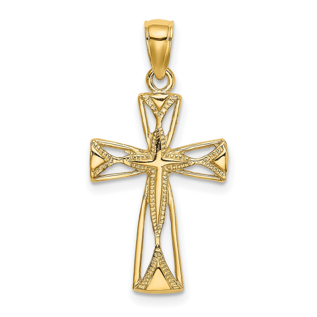 14k Yellow Gold Cross Pendant with Polished Finish, Milgrain Edging, and Openwork Design