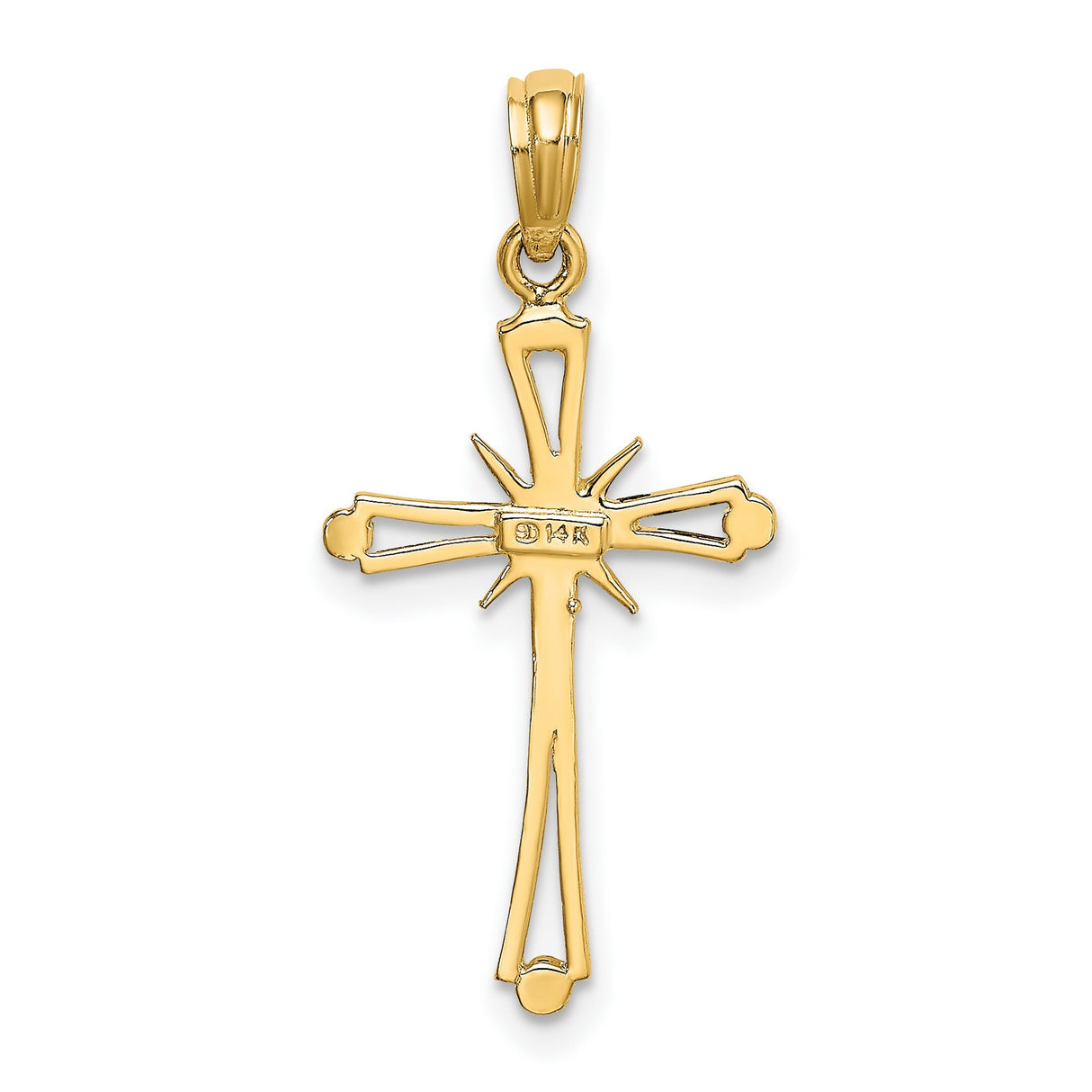 14k Yellow Gold Cross Pendant with Starburst Center and Flared Tips for Men and Women