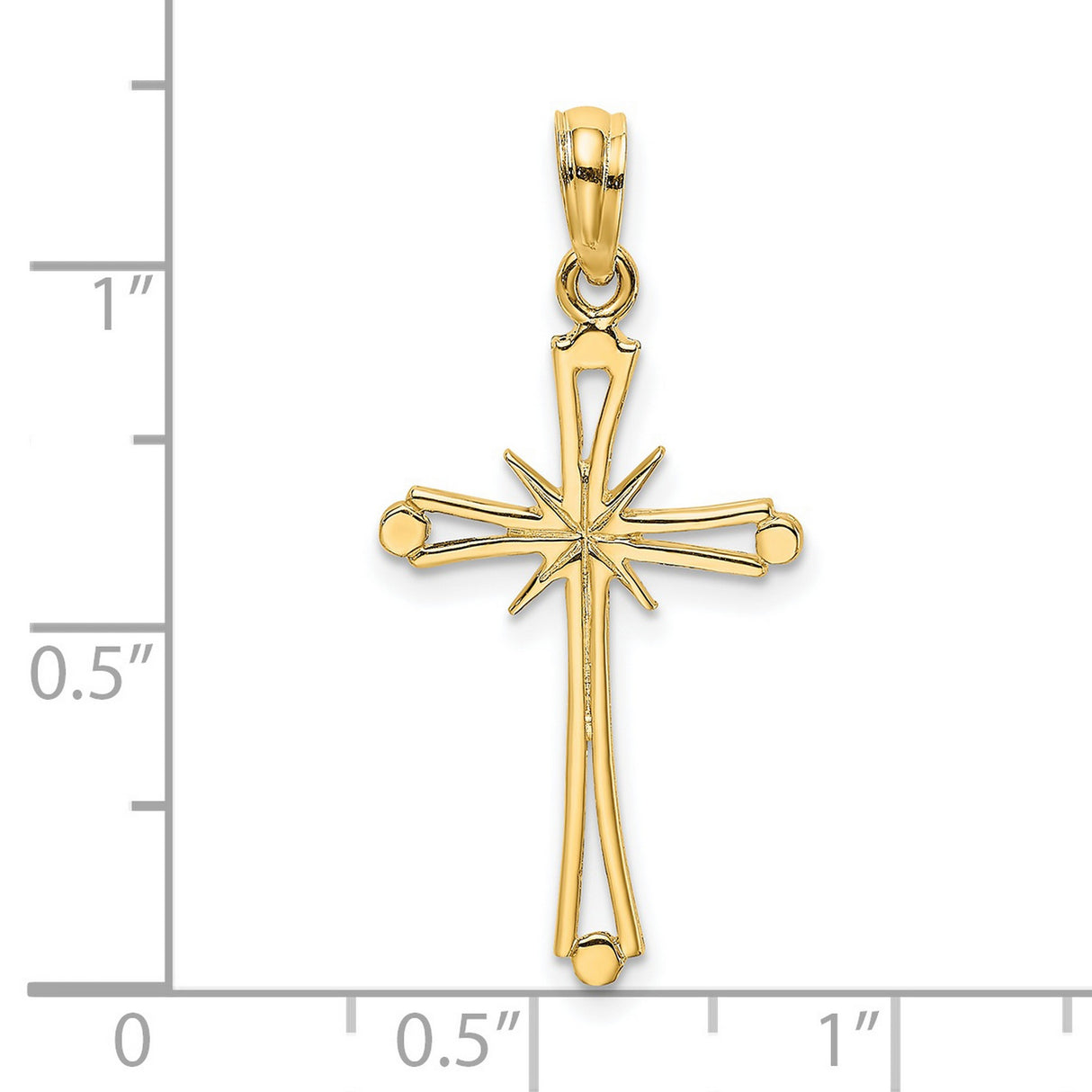 14k Yellow Gold Cross Pendant with Starburst Center and Flared Tips for Men and Women