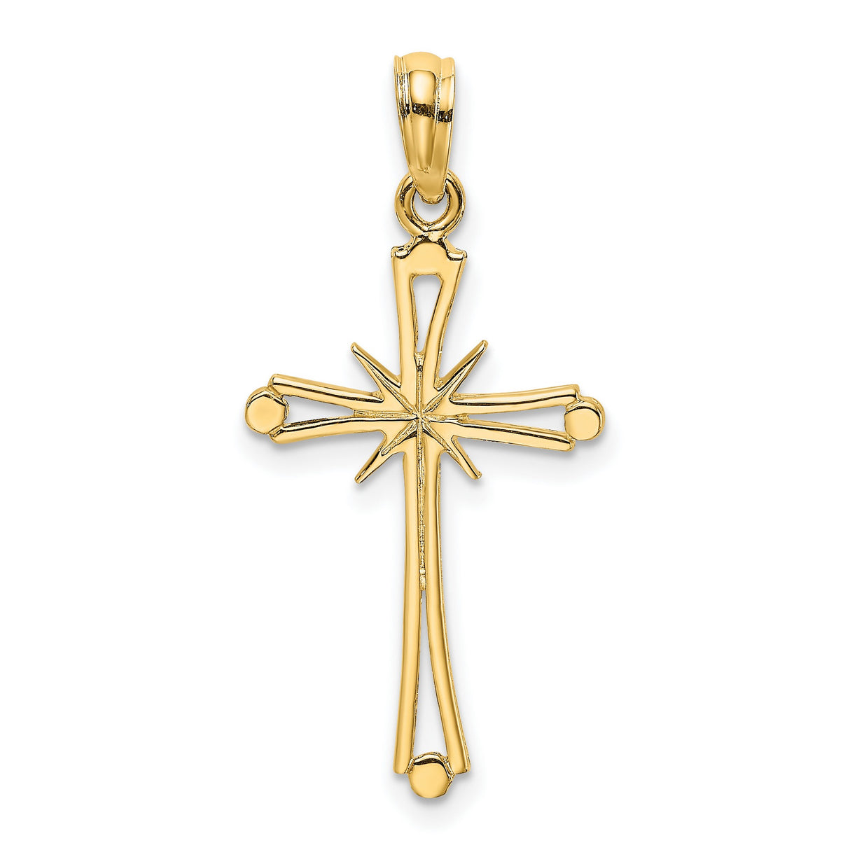14k Yellow Gold Cross Pendant with Starburst Center and Flared Tips for Men and Women