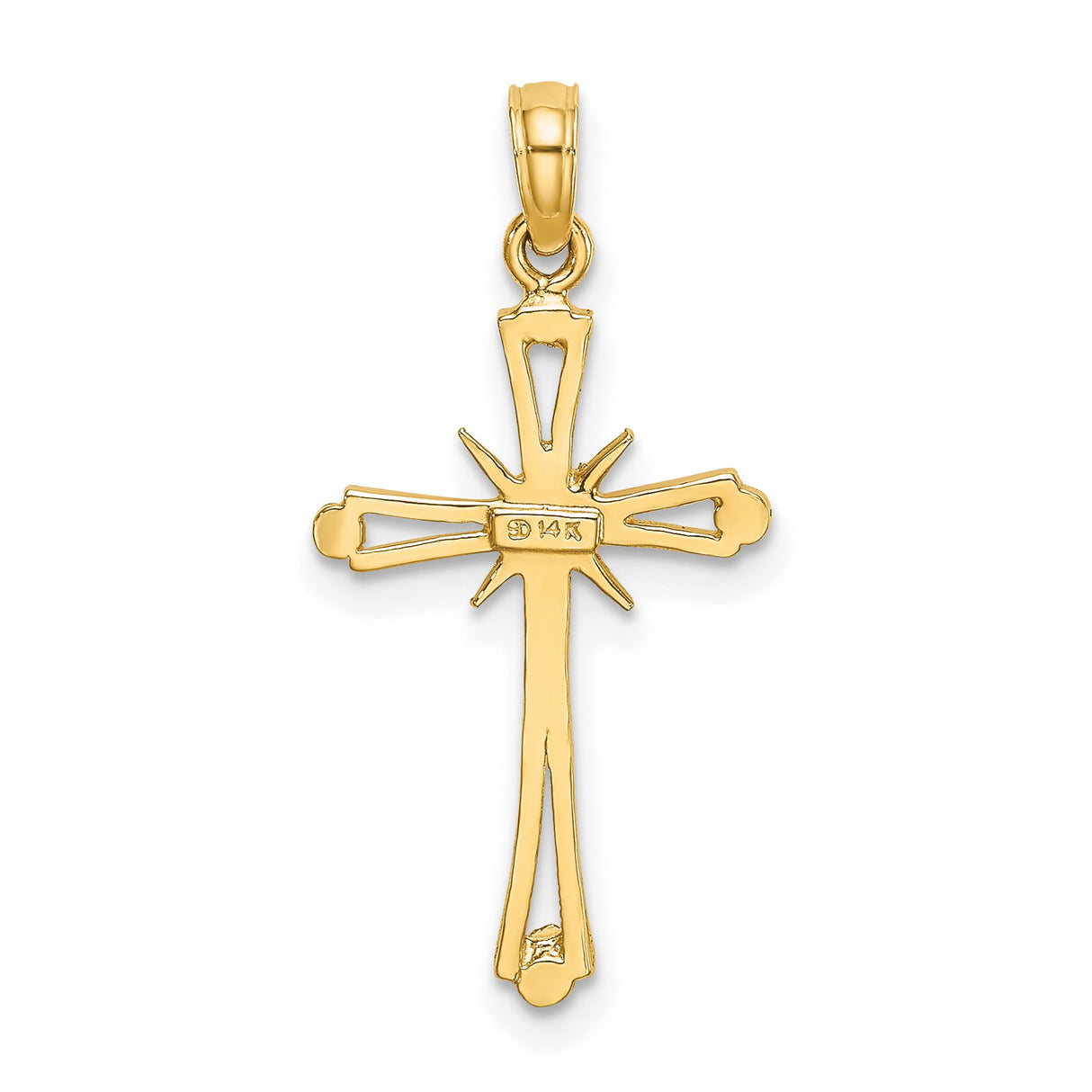 14k Yellow Gold Cross Pendant with Tapered Arms, Rounded Edges, Domed Ends, Starburst Design