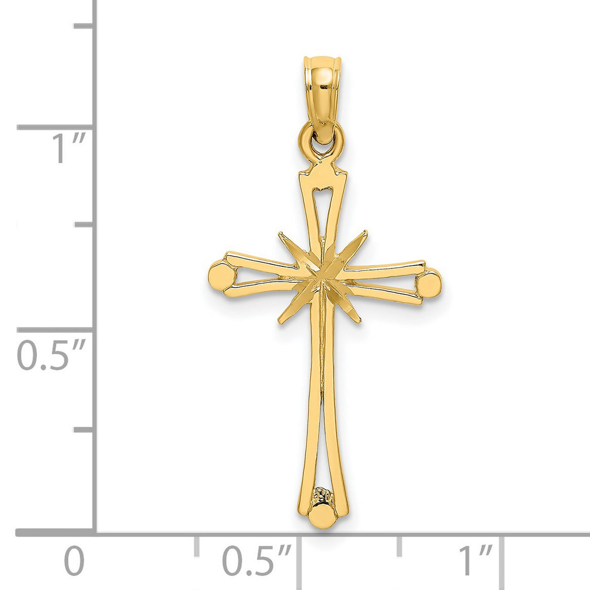 14k Yellow Gold Cross Pendant with Tapered Arms, Rounded Edges, Domed Ends, Starburst Design