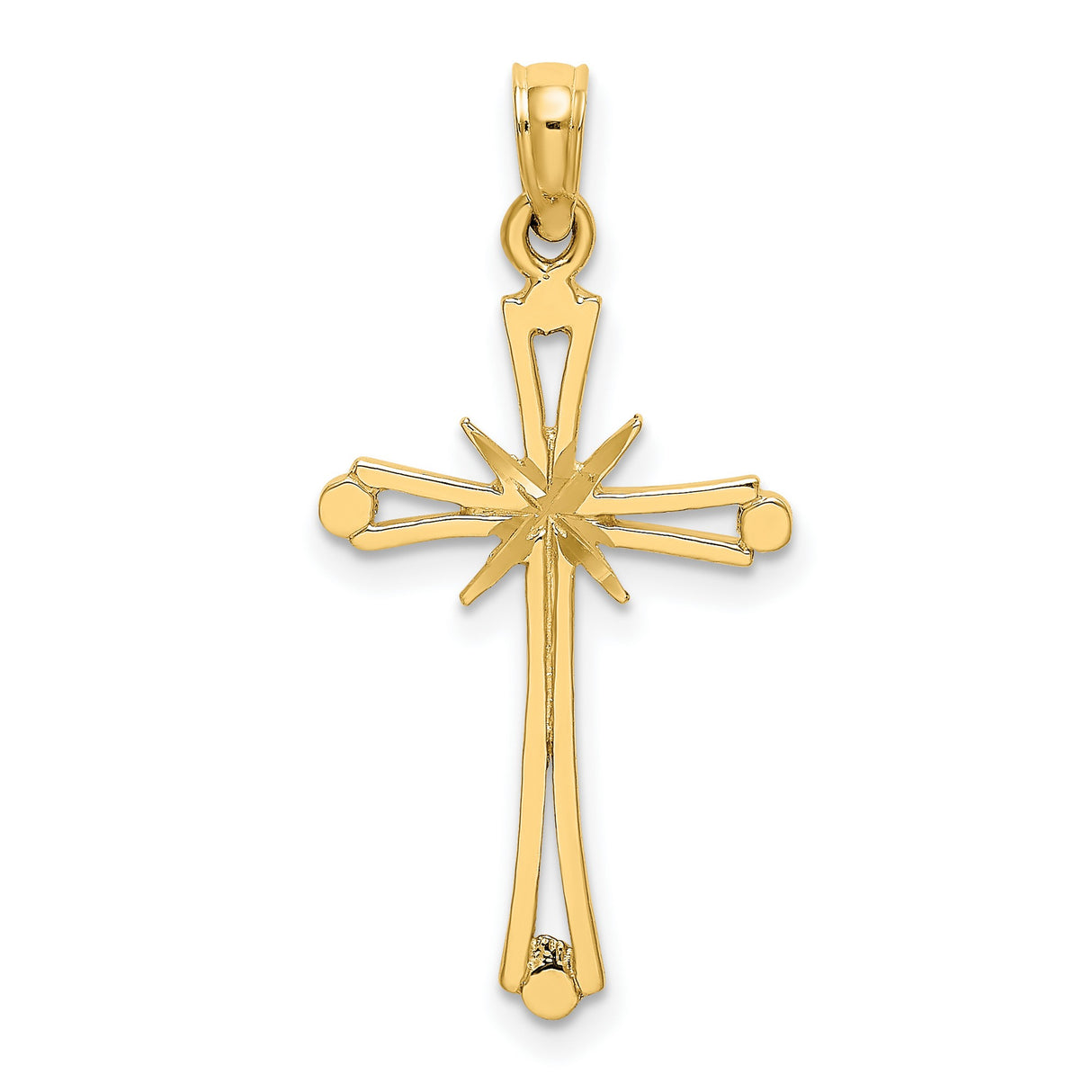 14k Yellow Gold Cross Pendant with Tapered Arms, Rounded Edges, Domed Ends, Starburst Design