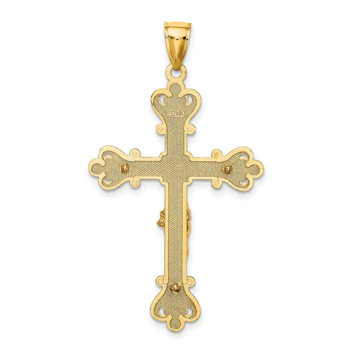 14k Yellow Gold Crucifix Cross Pendant with Jesus INRI Baroque Style Religious Charm