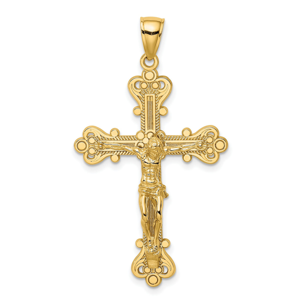 14k Yellow Gold Crucifix Cross Pendant with Jesus INRI Baroque Style Religious Charm