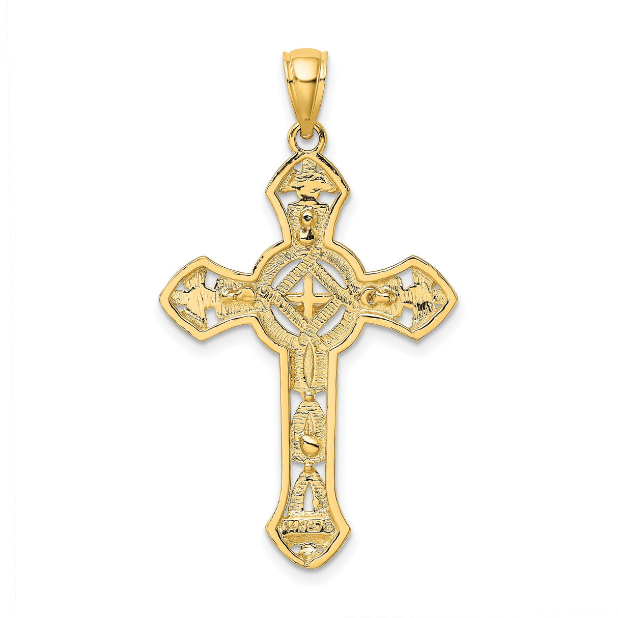 14k Yellow Gold Crucifix Cross Pendant with Polished Texture and Milgrain Edges