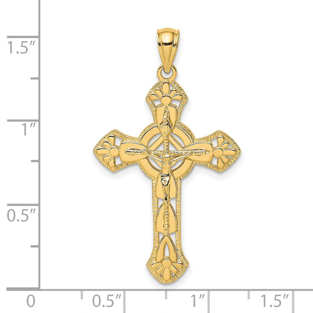 14k Yellow Gold Crucifix Cross Pendant with Polished Texture and Milgrain Edges