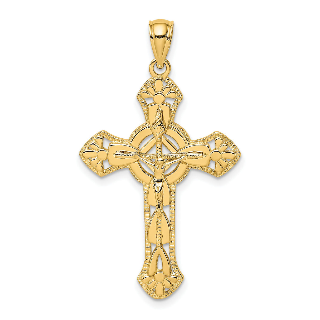 14k Yellow Gold Crucifix Cross Pendant with Polished Texture and Milgrain Edges