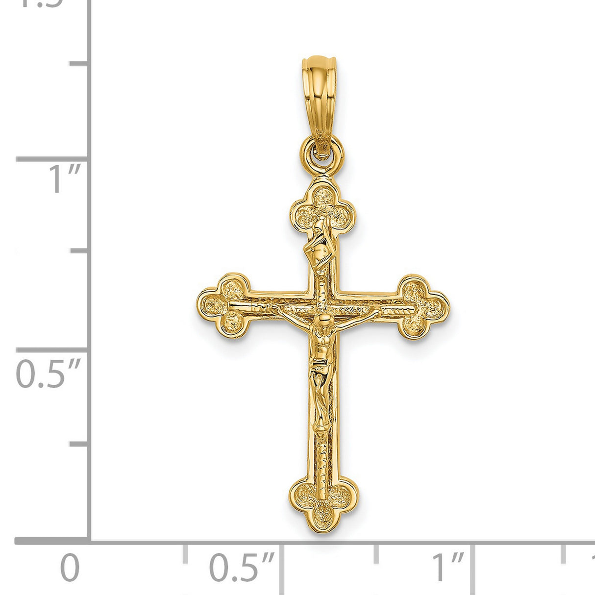 14k Yellow Gold Crucifix Charm Pendant with Christ Figure and Trefoil Tips