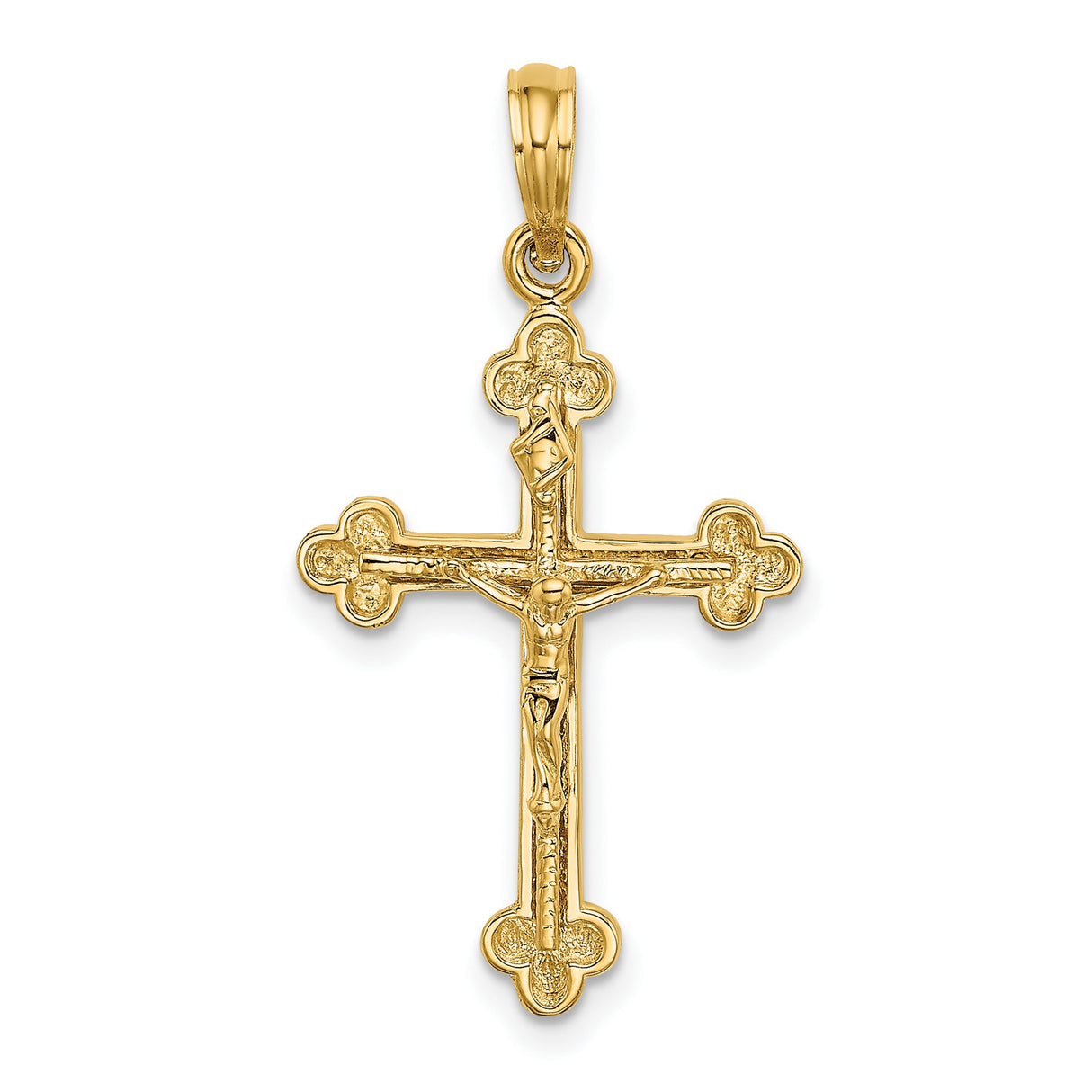 14k Yellow Gold Crucifix Charm Pendant with Christ Figure and Trefoil Tips