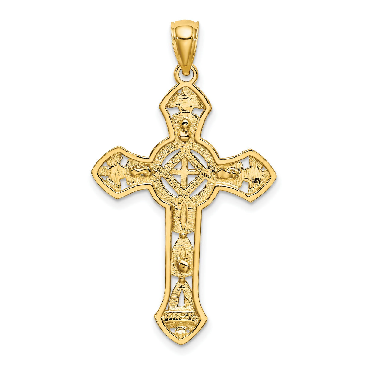 14k Yellow Gold Cross Pendant with Ornamental Floral Motif, Christian Religious Jewelry