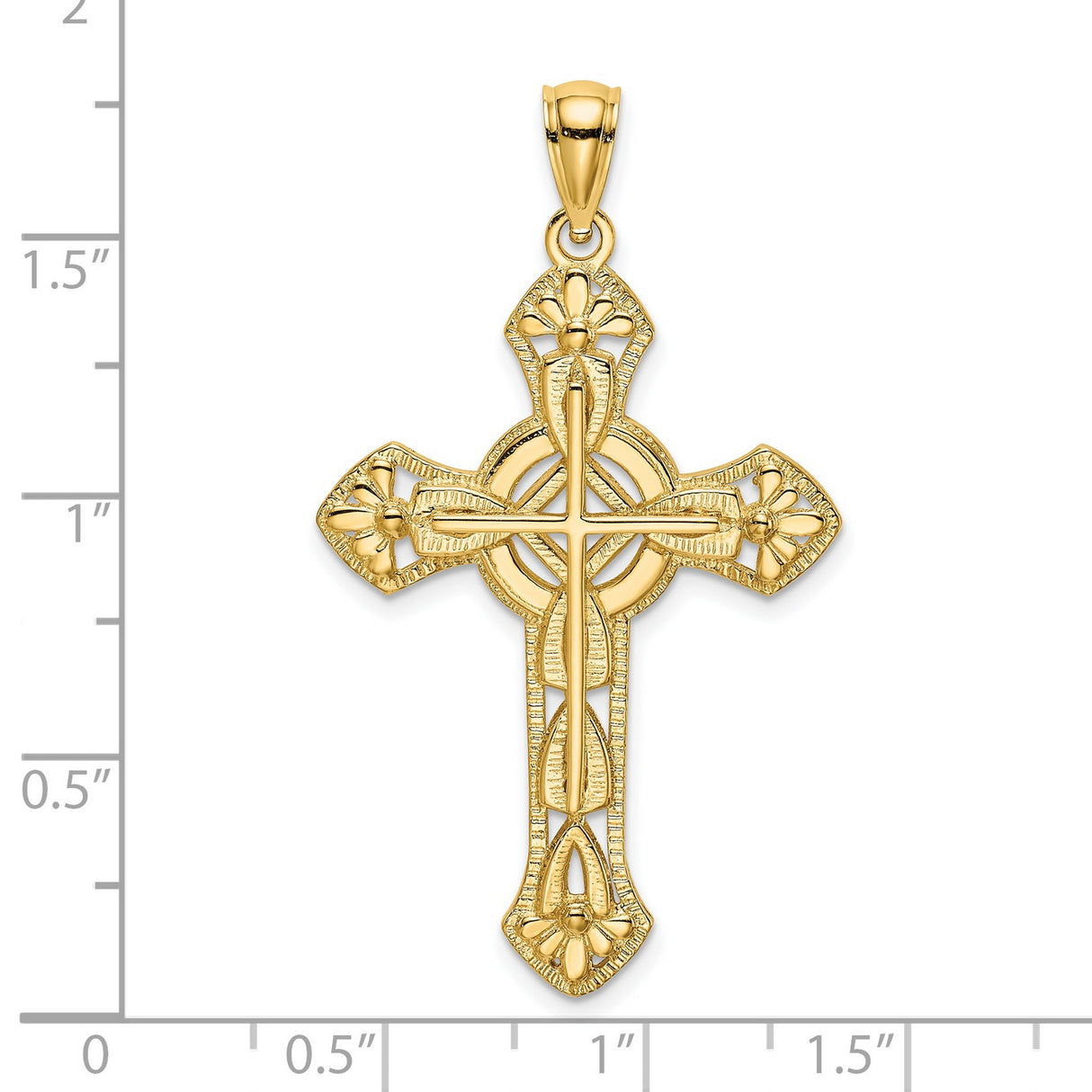 14k Yellow Gold Cross Pendant with Ornamental Floral Motif, Christian Religious Jewelry