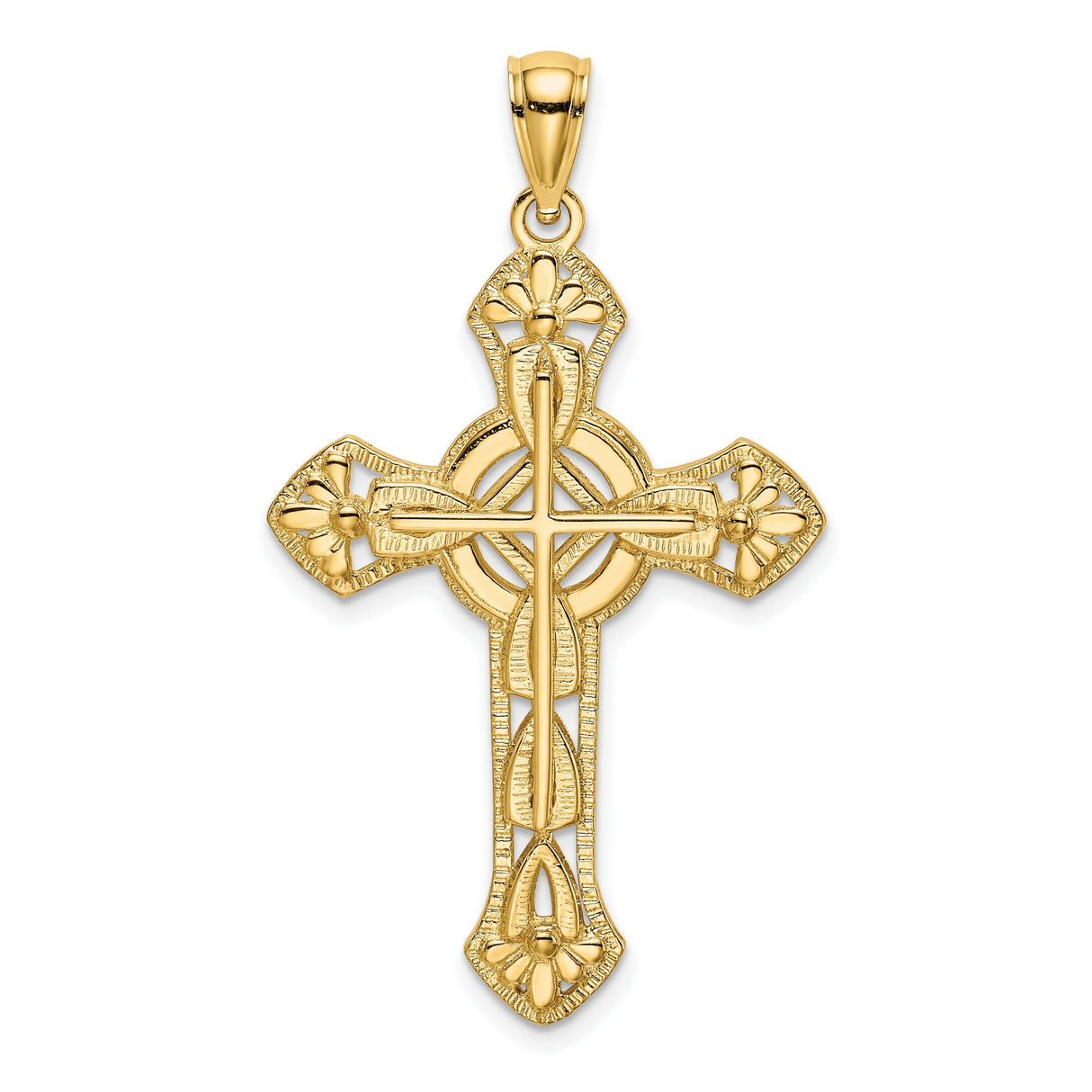 14k Yellow Gold Cross Pendant with Ornamental Floral Motif, Christian Religious Jewelry