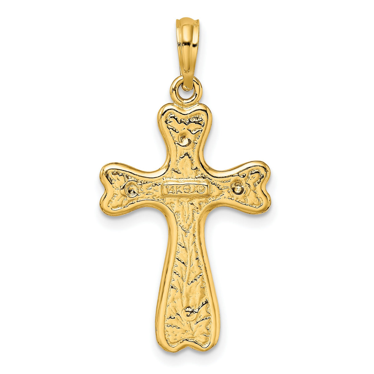 14k Yellow Gold Cross Pendant with Etched Design and Curved Edges Religious Charm