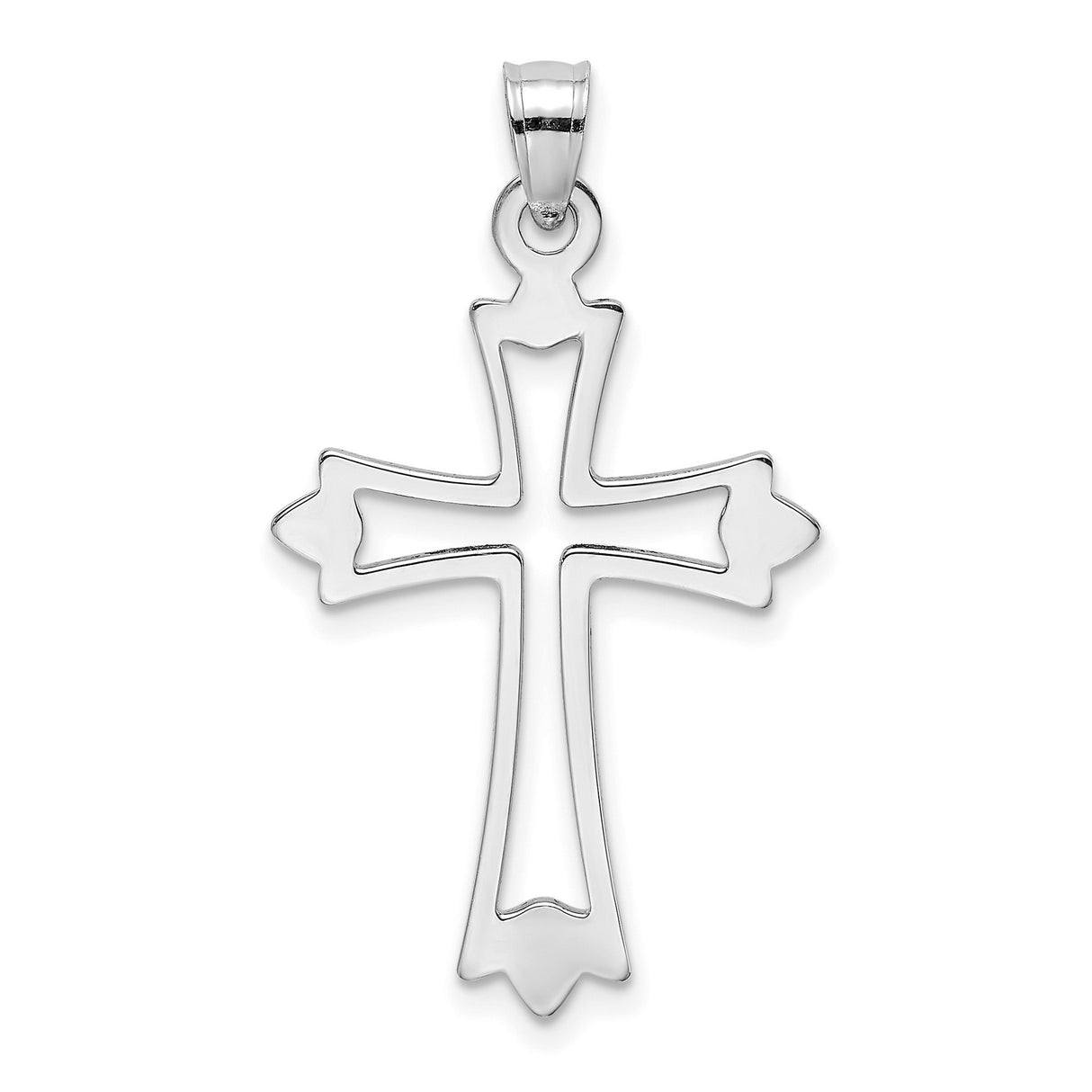14k White Gold Cross Pendant, Open Cut Polished Fleur Design, Religious Minimalist Charm