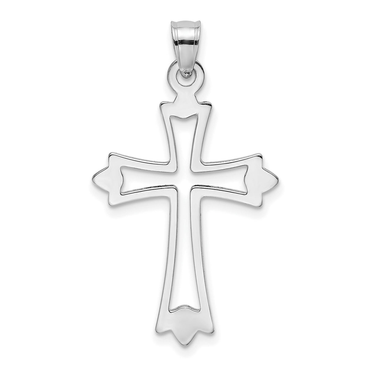 14k White Gold Cross Pendant, Open Cut Polished Fleur Design, Religious Minimalist Charm