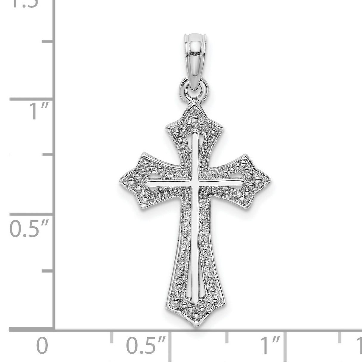 14k White Gold Cross Pendant with Beaded Openwork Design and Flared Edges