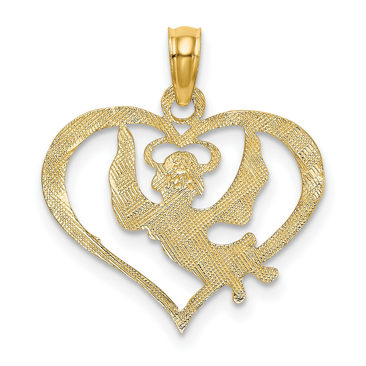 14k Yellow Gold Heart Pendant with Praying Angel, Halo and Wings, Christian Charm for Women or Teens