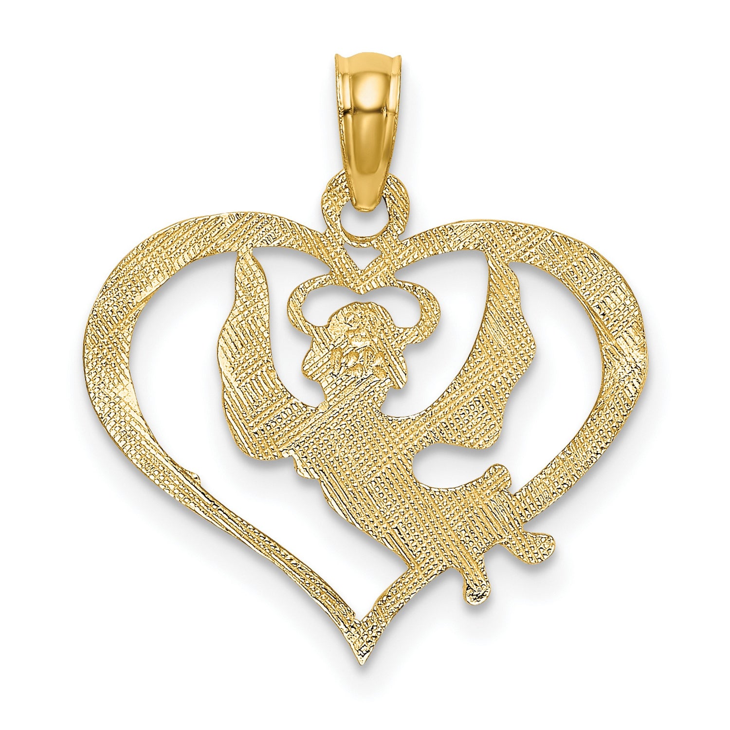 14k Yellow Gold Heart Pendant with Praying Angel, Halo and Wings, Christian Charm for Women or Teens