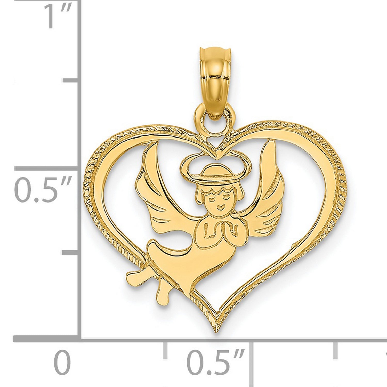 14k Yellow Gold Heart Pendant with Praying Angel, Halo and Wings, Christian Charm for Women or Teens