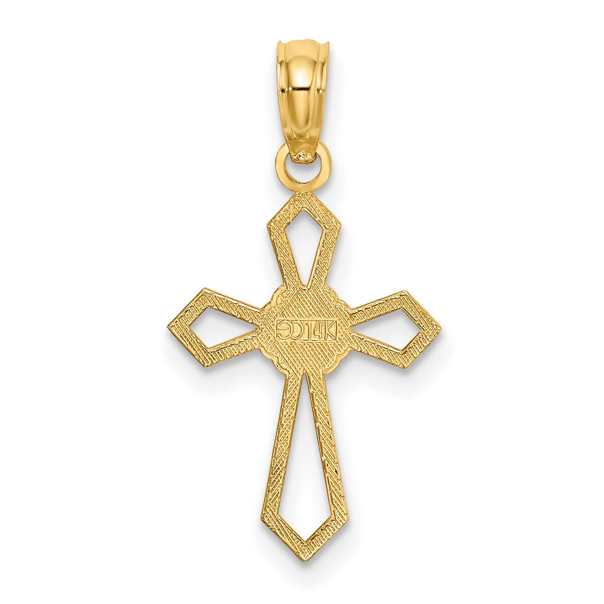 14k Yellow Gold Cross Pendant with Flat Openwork Floral Design and Textured Bevelled Edges