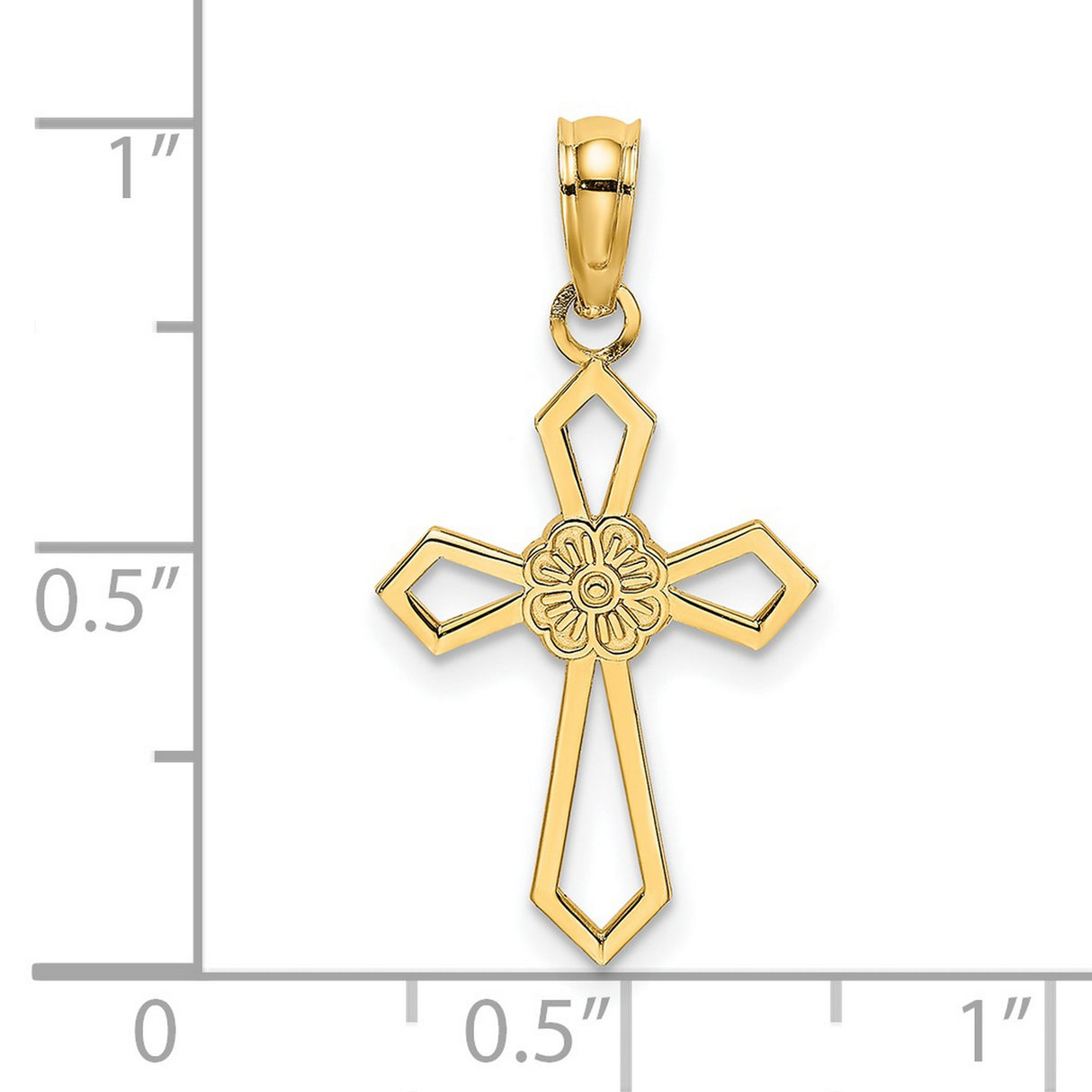 14k Yellow Gold Cross Pendant with Flat Openwork Floral Design and Textured Bevelled Edges