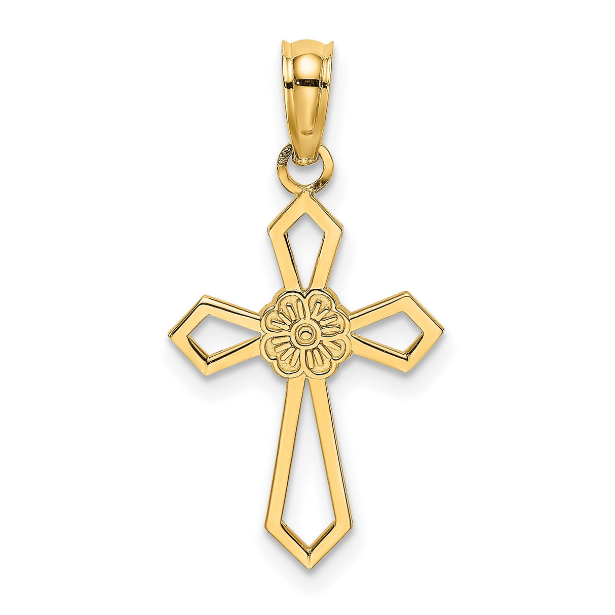 14k Yellow Gold Cross Pendant with Flat Openwork Floral Design and Textured Bevelled Edges