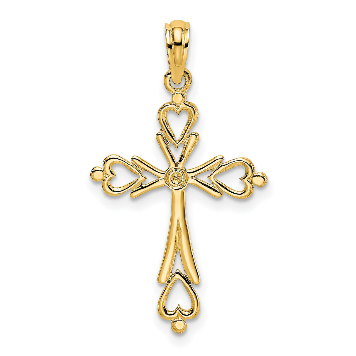 14k Yellow Gold Cross Pendant with Flared Ends and Heart Accents