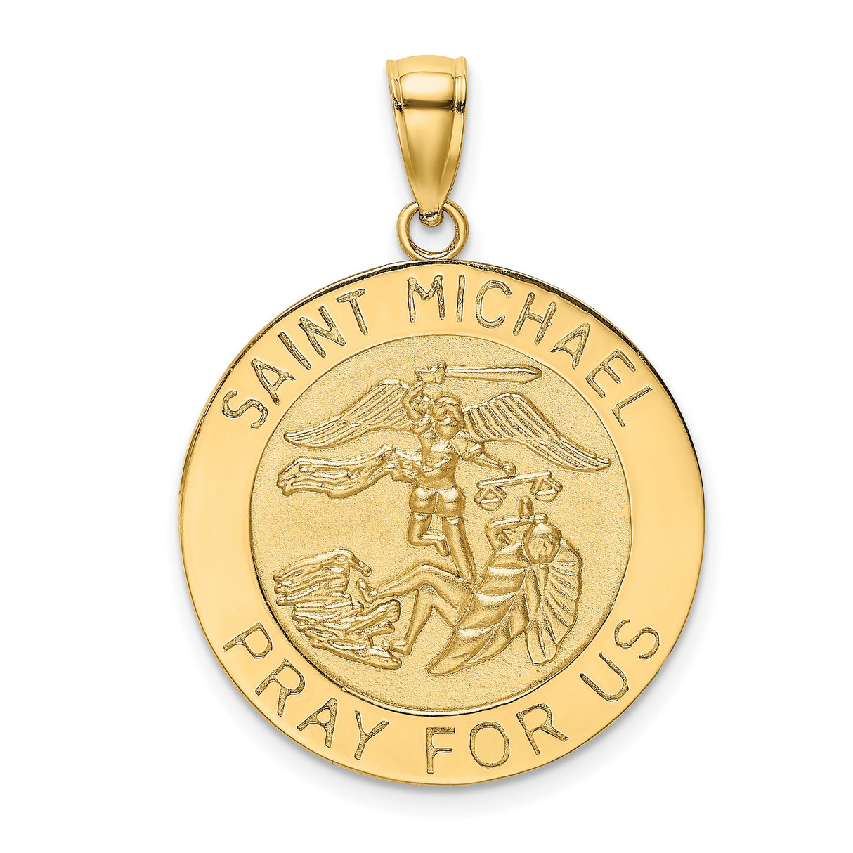 14k Yellow Gold Saint Michael Pendant, Archangel Defeating Evil, Catholic Medal Charm