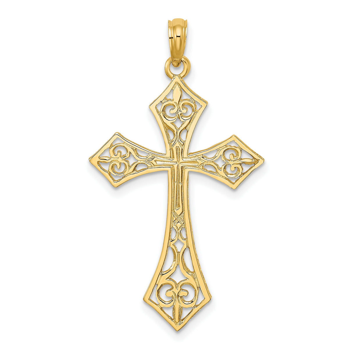 14k Yellow Gold Cross Pendant with Filigree Scroll Detail and Polished Finish
