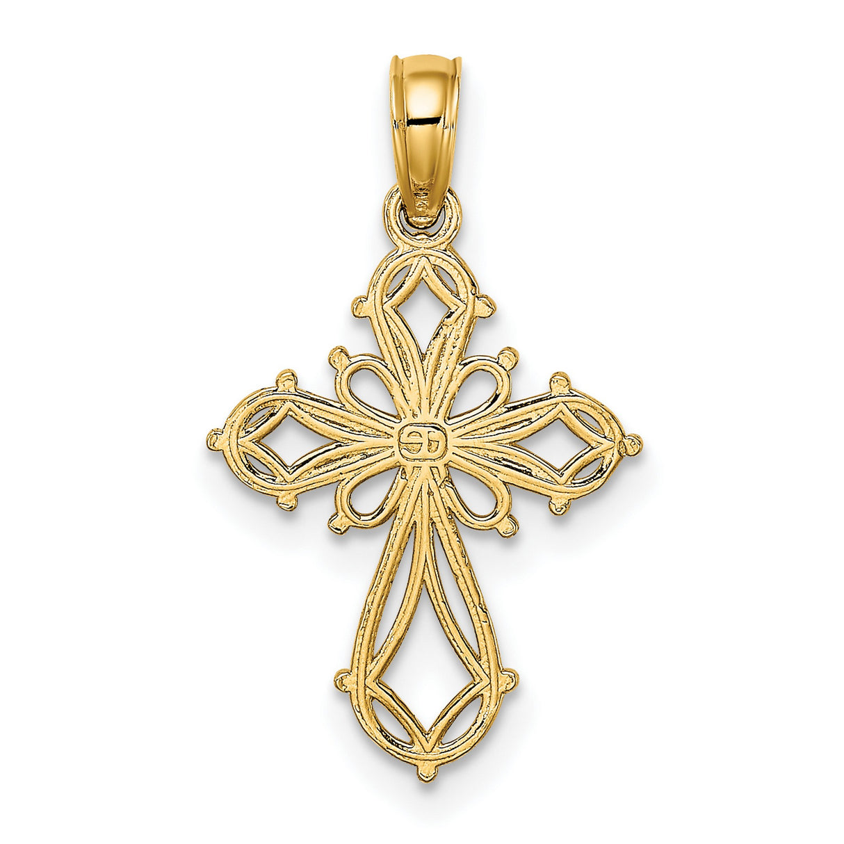 14k Yellow Gold Cross Pendant with Openwork Lace Design, High Polish Religious Charm
