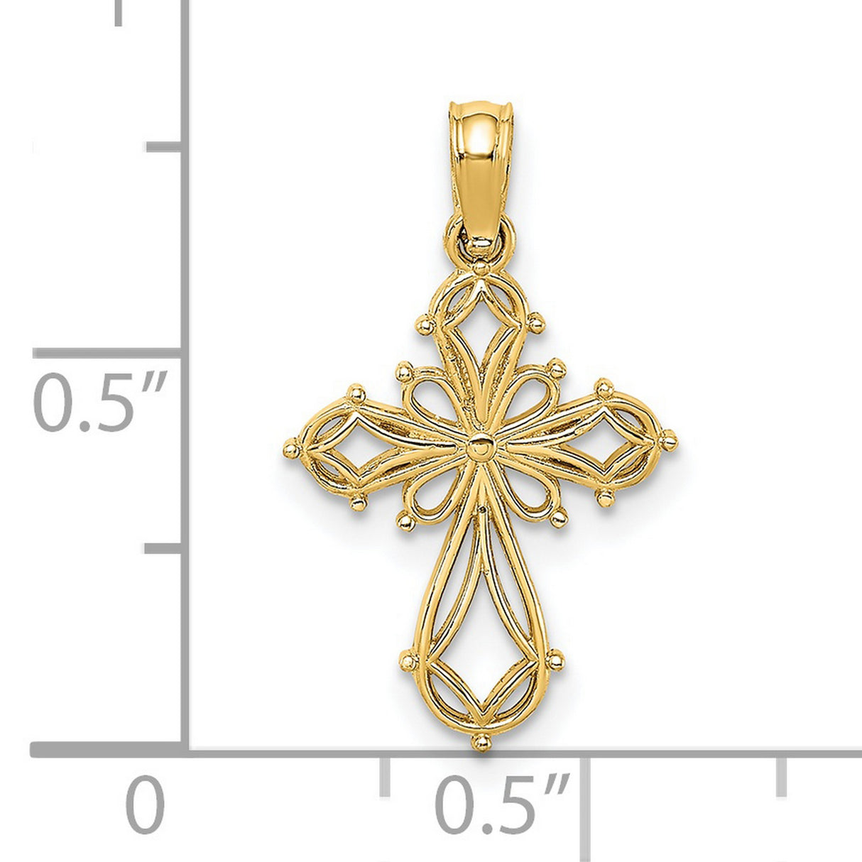 14k Yellow Gold Cross Pendant with Openwork Lace Design, High Polish Religious Charm
