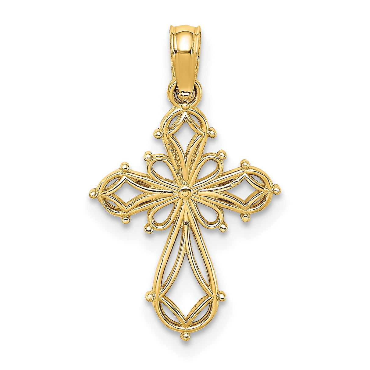 14k Yellow Gold Cross Pendant with Openwork Lace Design, High Polish Religious Charm