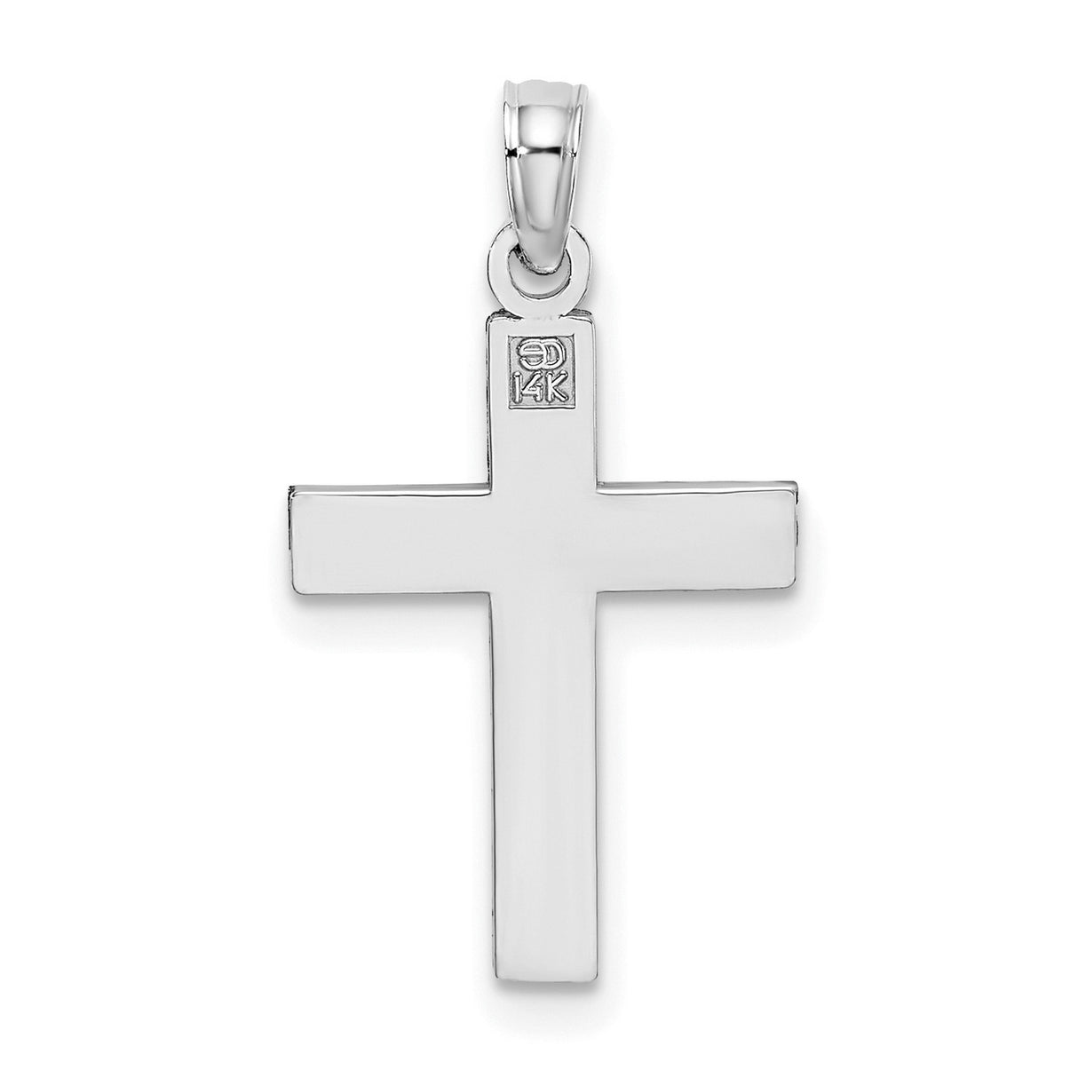 14k White Gold Cross Pendant, Diamond Cut Block Style, High Polish Religious Charm