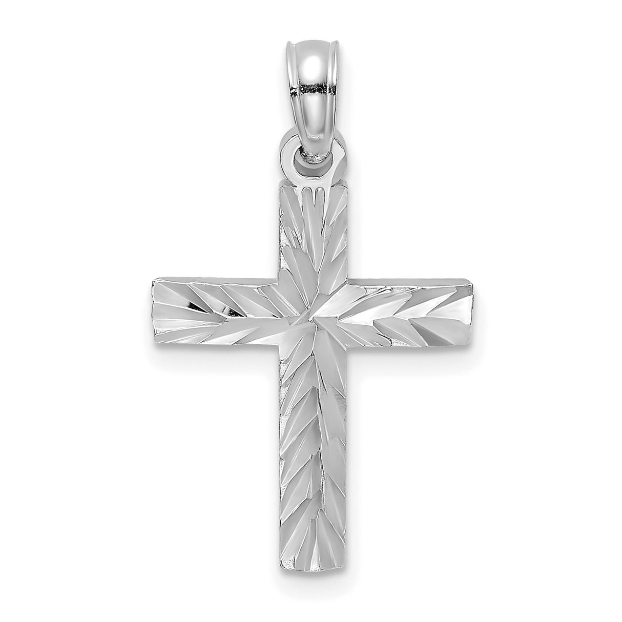 14k White Gold Cross Pendant, Diamond Cut Block Style, High Polish Religious Charm