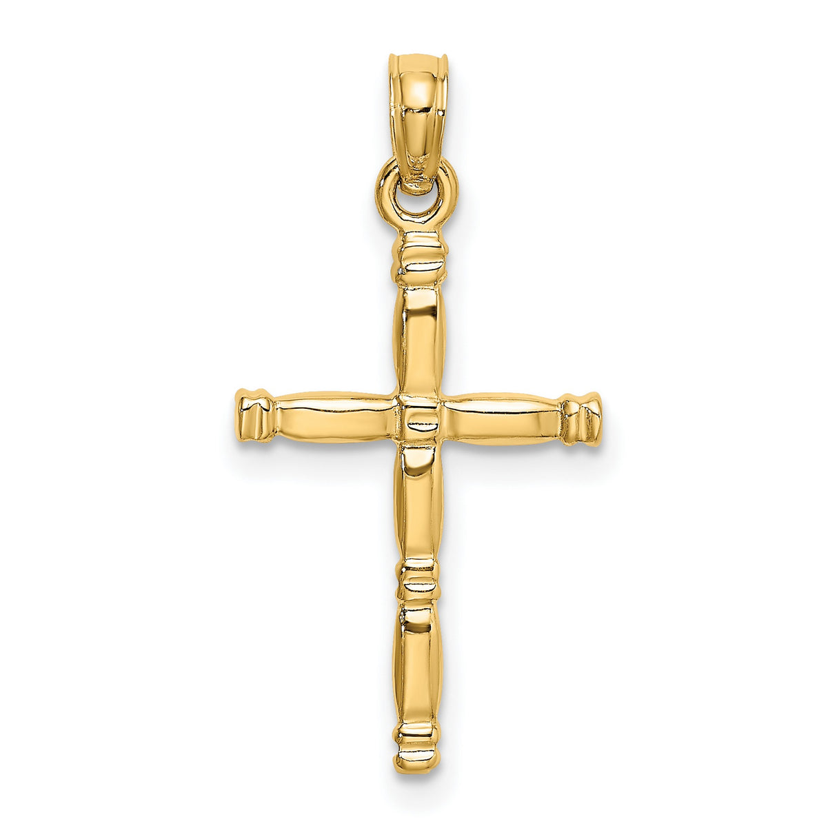 14k Yellow Gold Bamboo Cross Pendant with Polished Detail and Spiritual Design