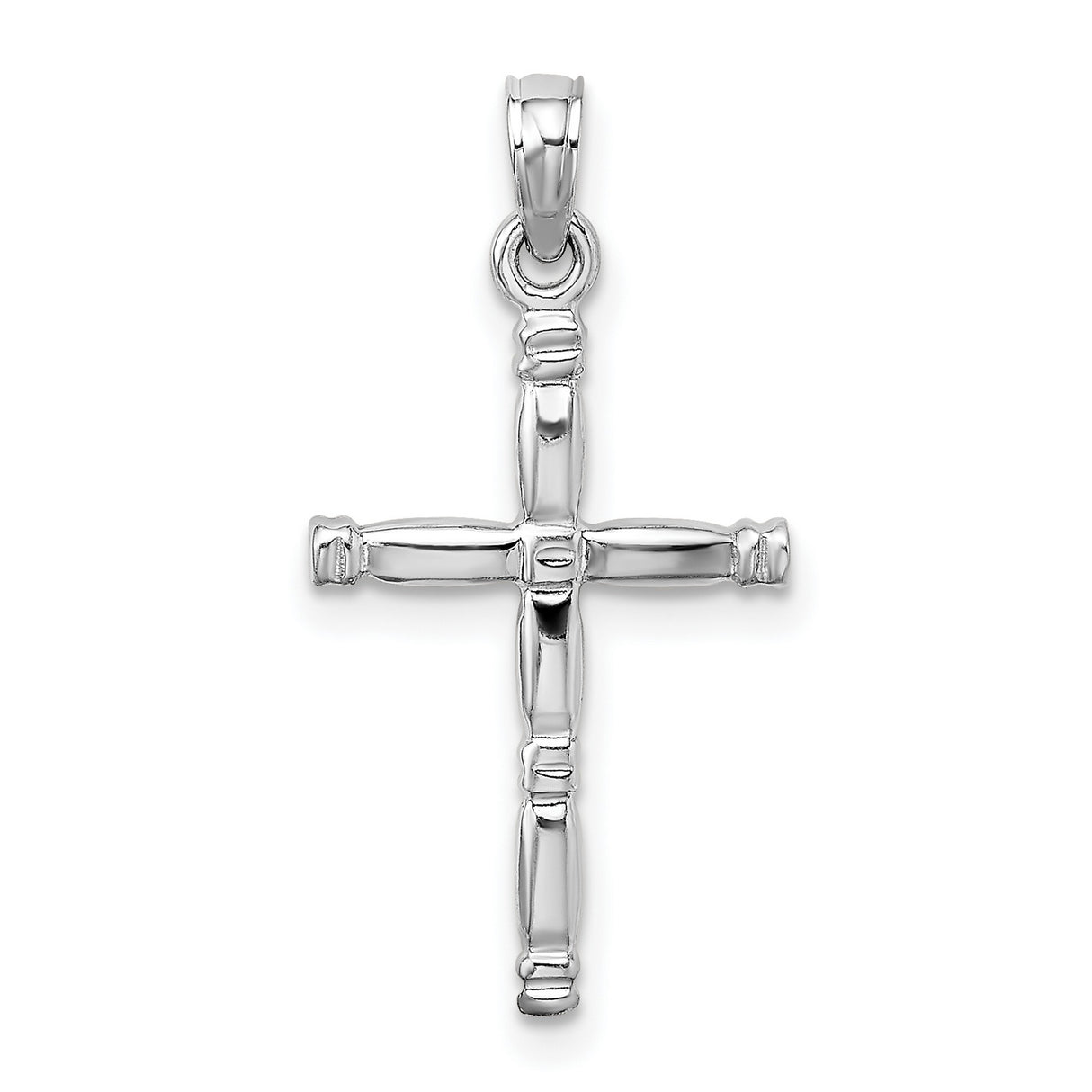 14k White Gold Cross Pendant with Bamboo Inspired Design, Mirror Finish, Religious Jewelry