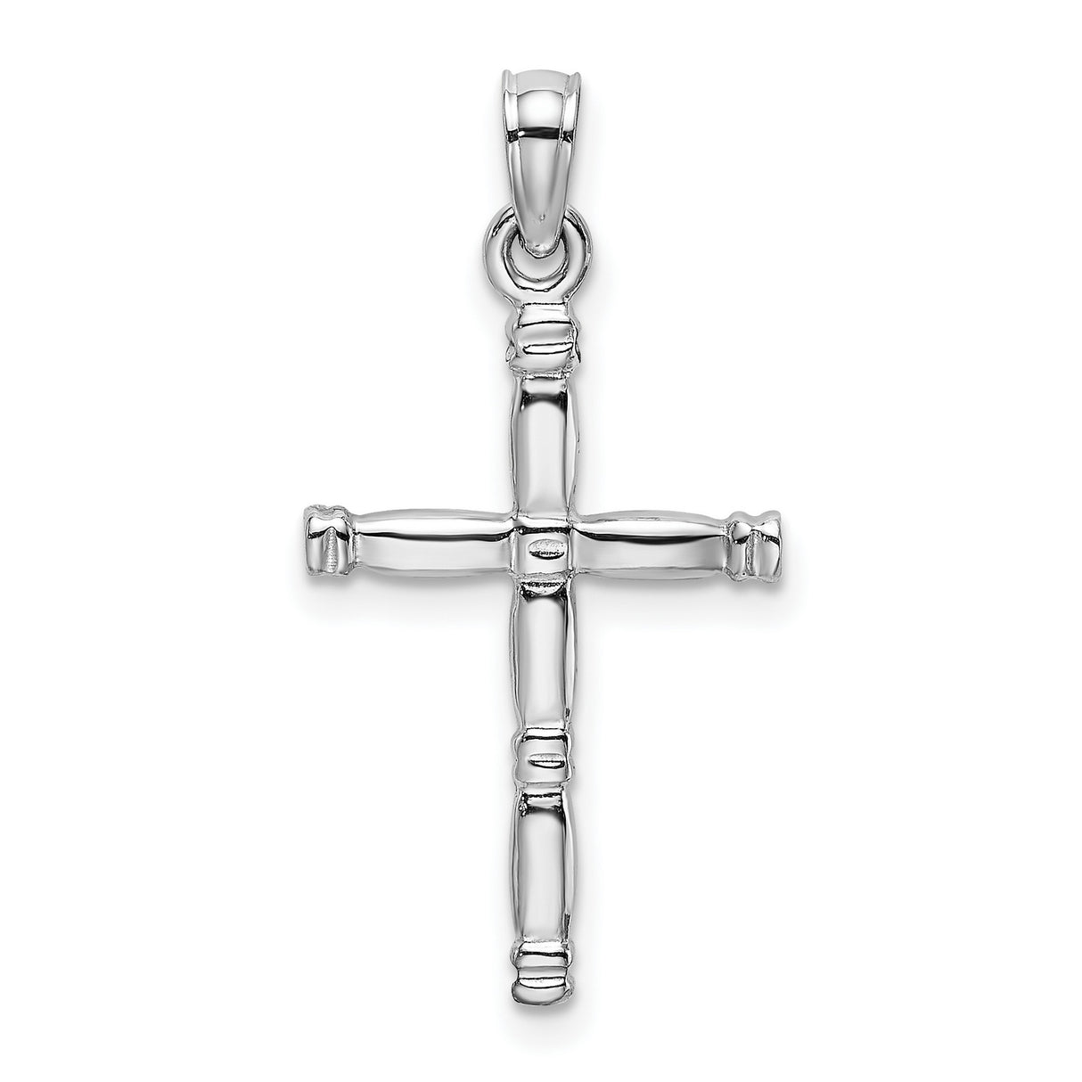 14k White Gold Cross Pendant with Bamboo Inspired Design, Mirror Finish, Religious Jewelry