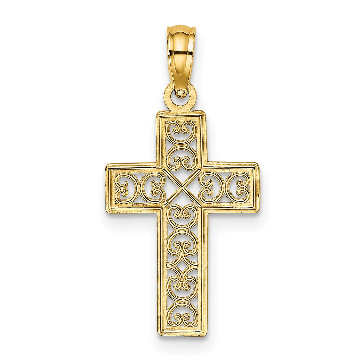 14k Yellow Gold Cross Pendant with Lace Scroll Motif and Filigree Openwork Design
