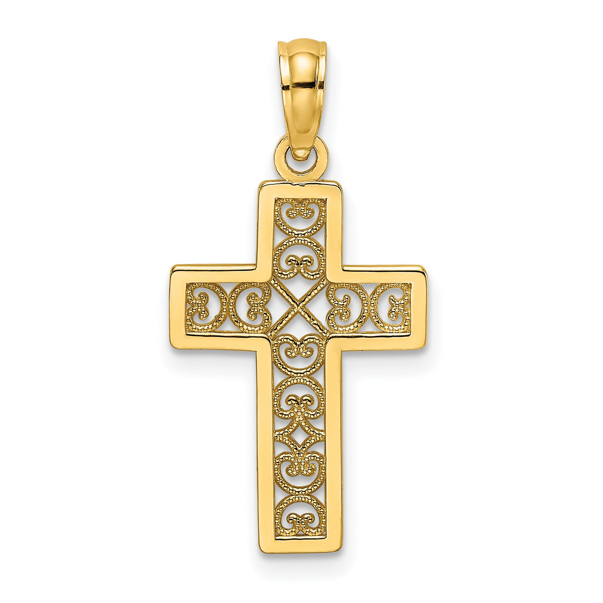 14k Yellow Gold Cross Pendant with Lace Scroll Motif and Filigree Openwork Design