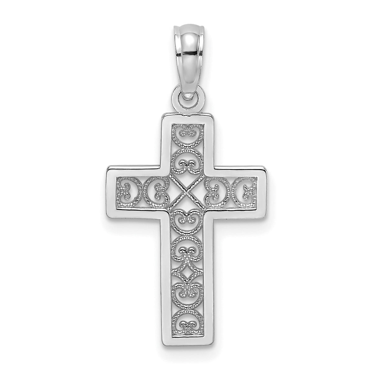 14k White Gold Cross Pendant with Filigree Swirl and Milgrain Detail