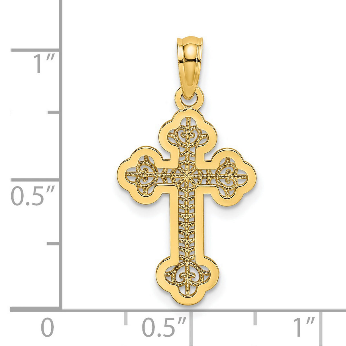 14k Yellow Gold Cross Pendant with Budded Lace, Filigree Heart, and Sunburst Design