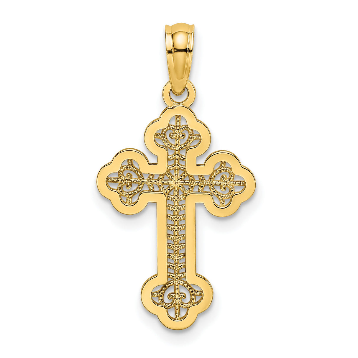 14k Yellow Gold Cross Pendant with Budded Lace, Filigree Heart, and Sunburst Design