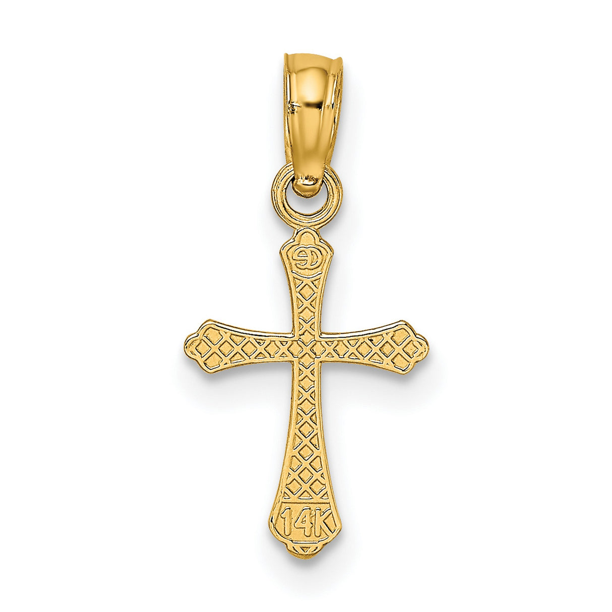 14k Yellow Gold Cross Pendant with Textured Scroll Detail and Curved Bail for Men and Women